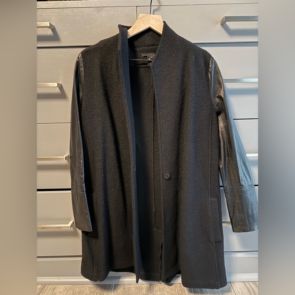Scoop NYC Women’s Black Wool Coat with Leather Sleeves